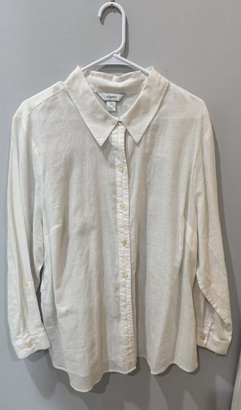 White Linen/Cotton Blend Button-Down Long Sleeve Shirt Plus Size 2X